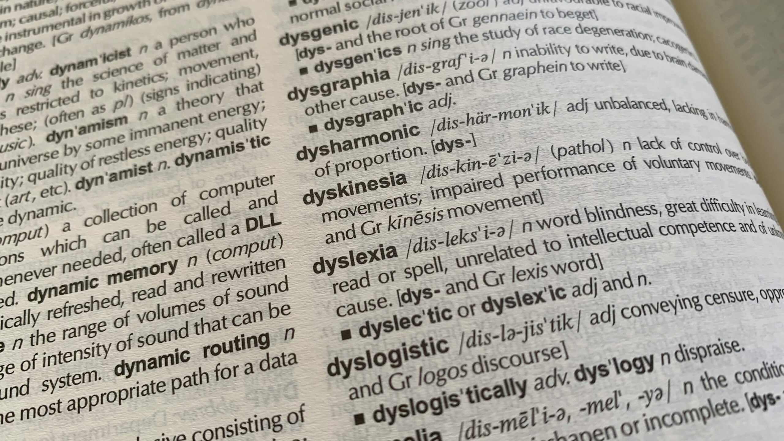 Dictionary page with a focus on the word "dyslexia."